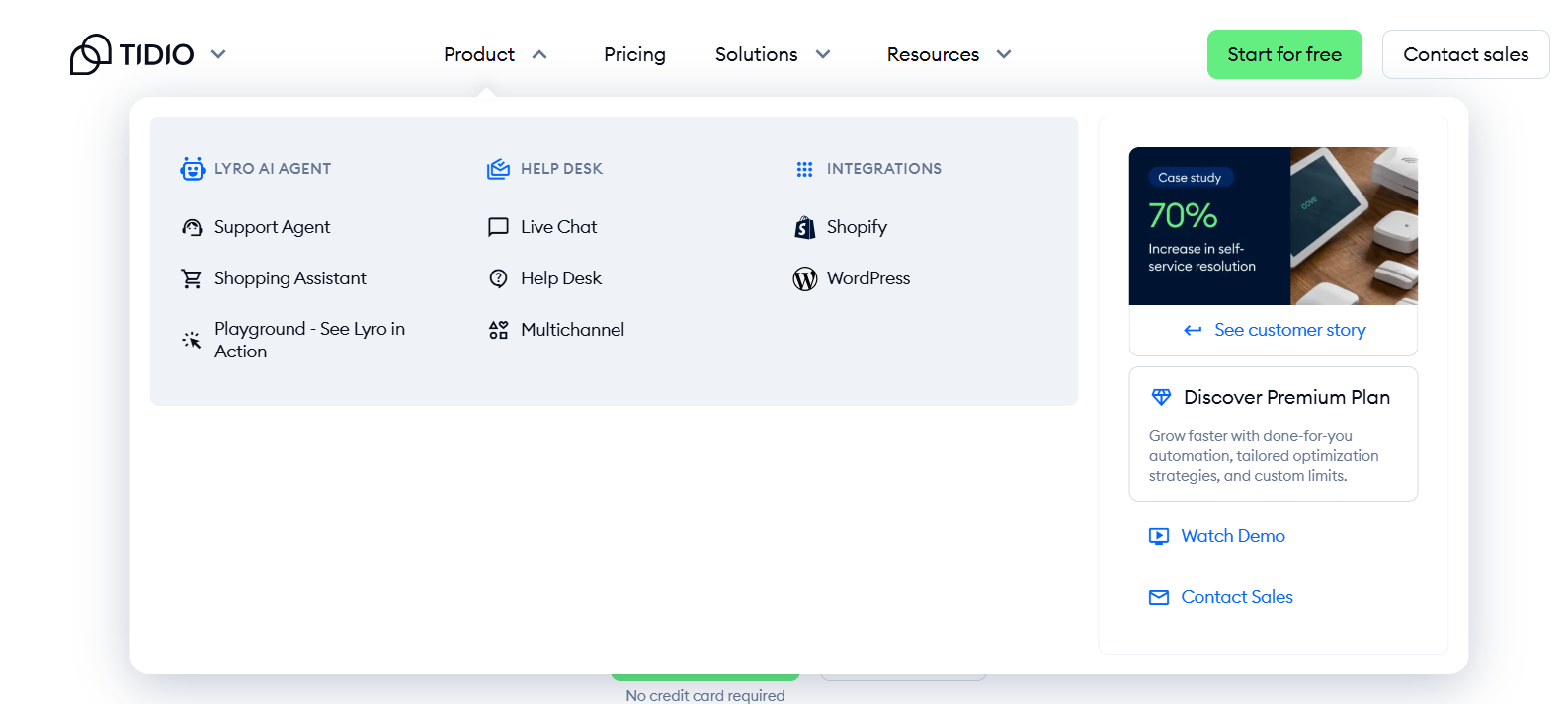 Tidio Lyro AI Agent product menu showing Support Agent, Shopping Assistant, and 70% resolution rate case study